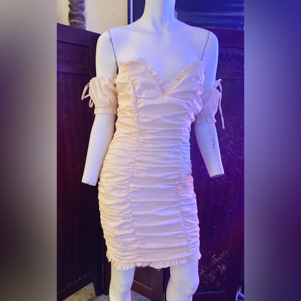 Ladies Coquette ruched Lolita mini beige ruffle cocktail dress quaint chic - Picture 8 of 12